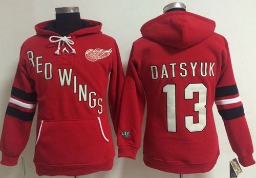 Detroit Red Wings #13 Pavel Datsyuk Red Women's Old Time Heidi NHL Hoodie - Click Image to Close